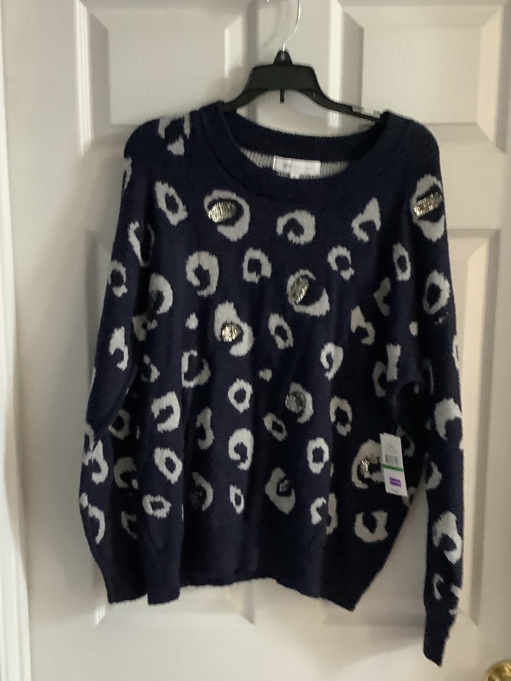 Fever Navy and White Leopard Crewneck Sweater with Sequin Spots
